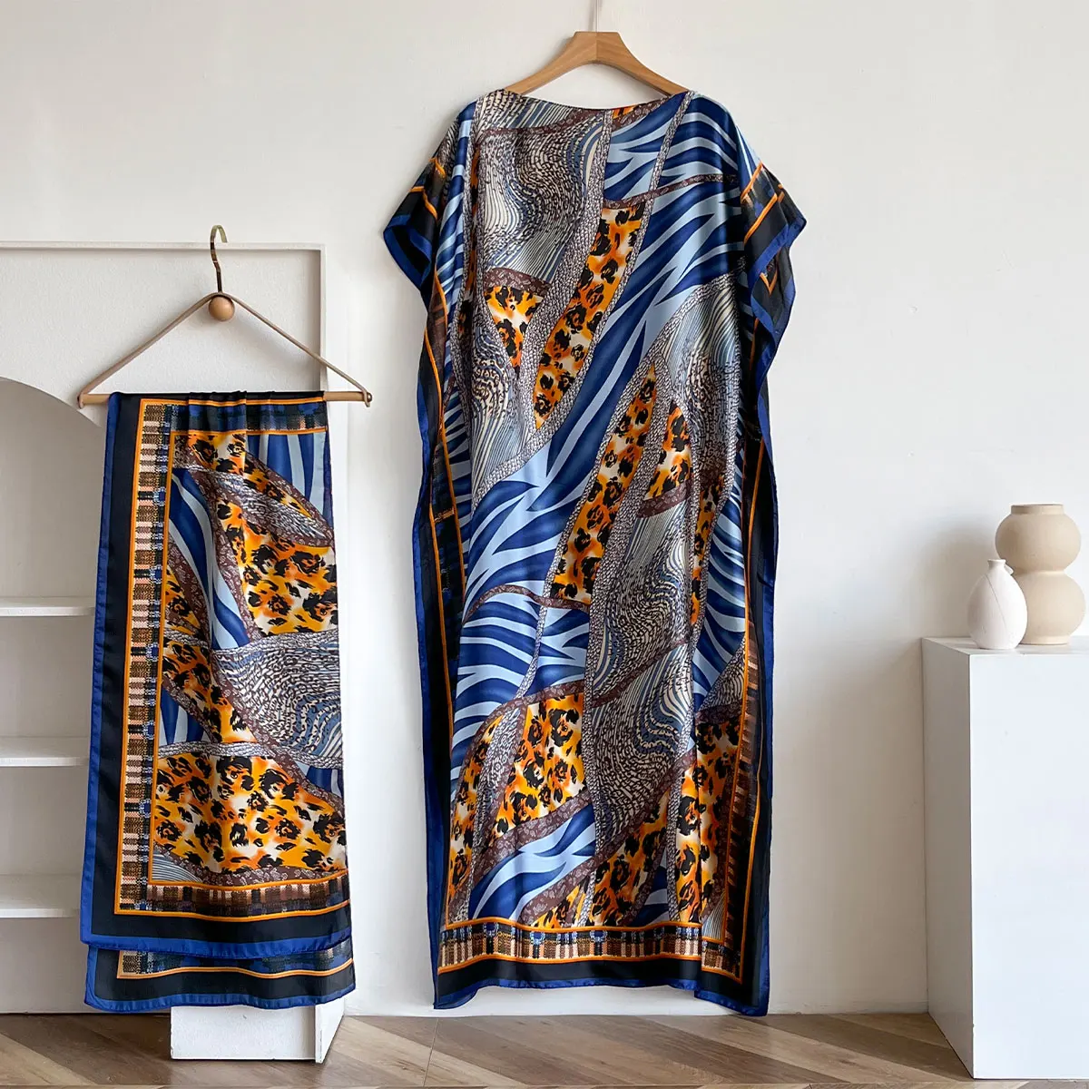 NOWA moda letnia sukienka z dużym szalikiem Dubaj Turcja Kaftan muzułmańska luźna abaja damska afrykańska swobodna szalowa szata w panterkę