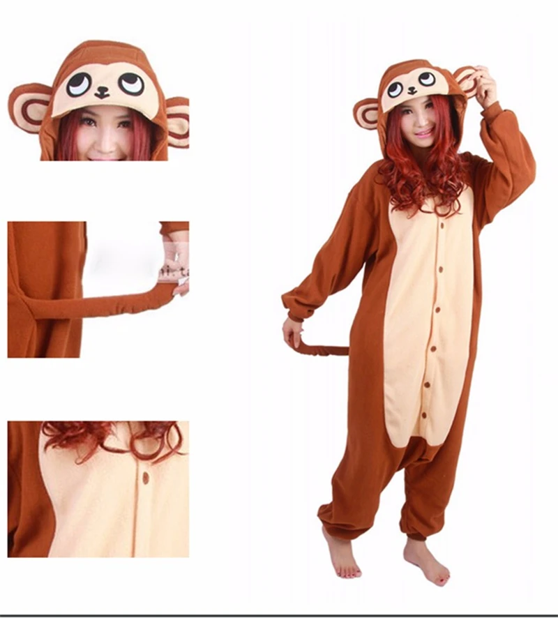 Animal Monkey Cosplay Costume Pajamas Sets Onesies Flannel Winter Pyjamas Warm Sleepwear Party Dress for Women Men Halloween Cos