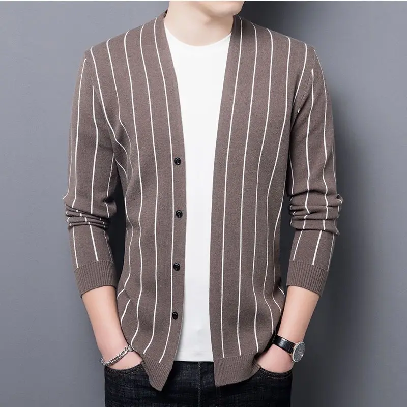 

Korean Fashion Men Button Cardigan Striped Sweater Spring Autumn New V-neck Versatile Casual Slim Long Sleeve Knitted Coats 2023