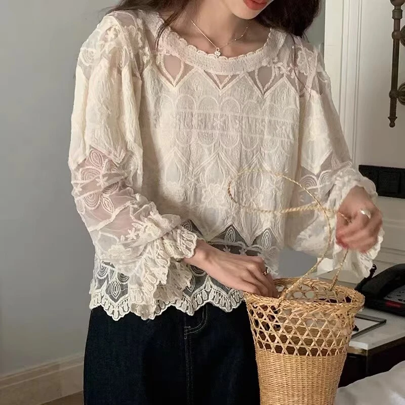 REALEFT Summer Bohemian Crochet Women\'s Tops 2024 New Hollow Out Long Sleeve O-Neck Casual Korean Beach Tops Female