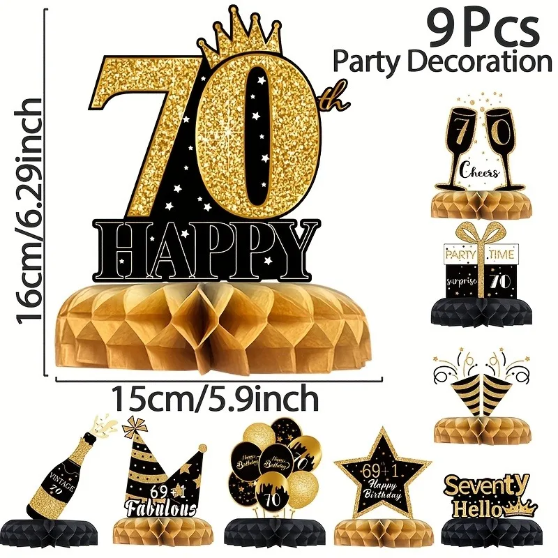70. Geburtstag Wabendekor-Set, Schwarz-Gold Themen-Tischdekoration mit Kronen- & Champagner-Design für Geburtstagsfeier – Detail 1