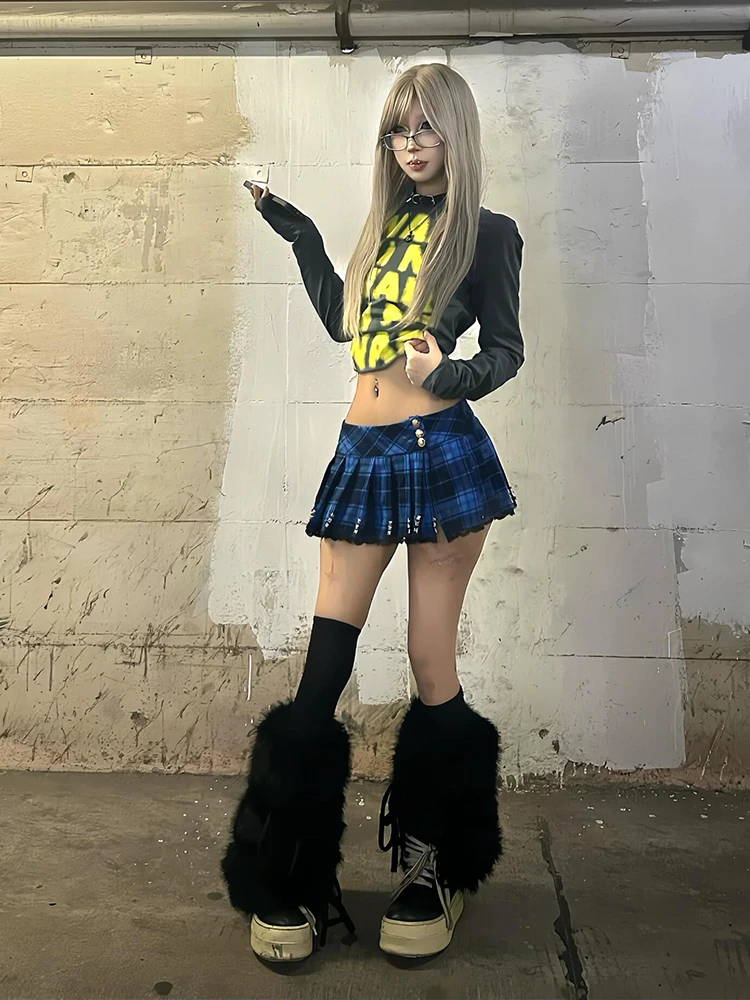 REDDACHiC Dichtgeknoopt Wrap Vrouwen Mini Rok Vintage Patchwork Kant Klinknagels Open Been Gedrapeerde Plooirok JK Zomer Grayu Y2k Kleding