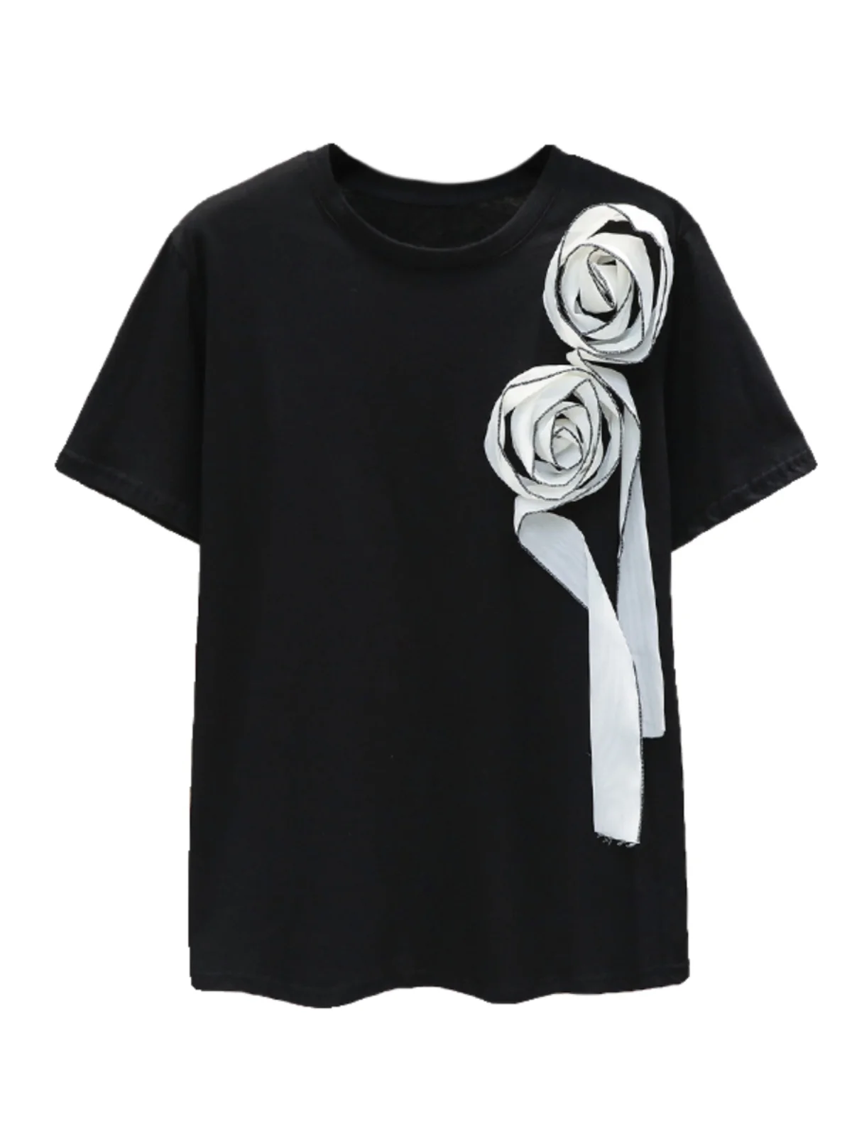 2024 Summer Fashion Retro High-End T-shirts Three-Dimensional Flower Short-Sleeve T-shirt Women's Loose Comfortable Tops