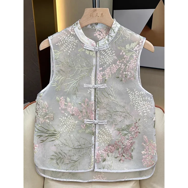 National  new Chinese style women's vest with embroidered flowers on the yarn surface, sleeveless vest, temperament vest