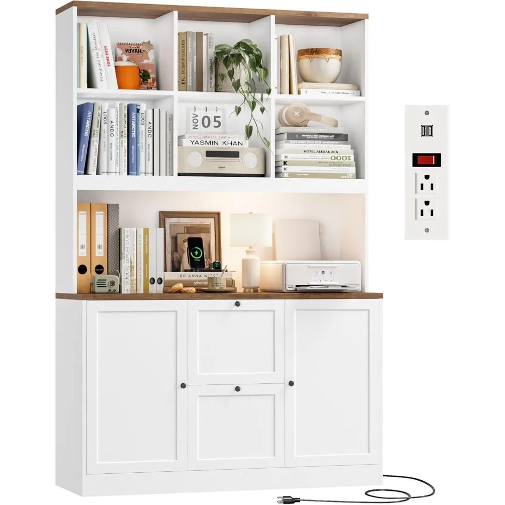 Tall White Storage Bookcase with Drawers Shelves Cabinet and Built In Power Outlet for Home Office