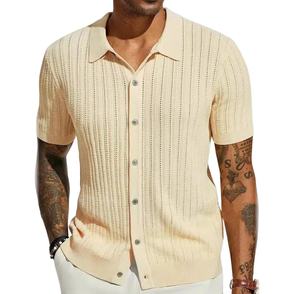 Plus Size Summer Men Shirt Knitted Single-breasted Thin Short Sleeves Breathable Cardigan Hollow Out Mid Length Beach Shirt Top