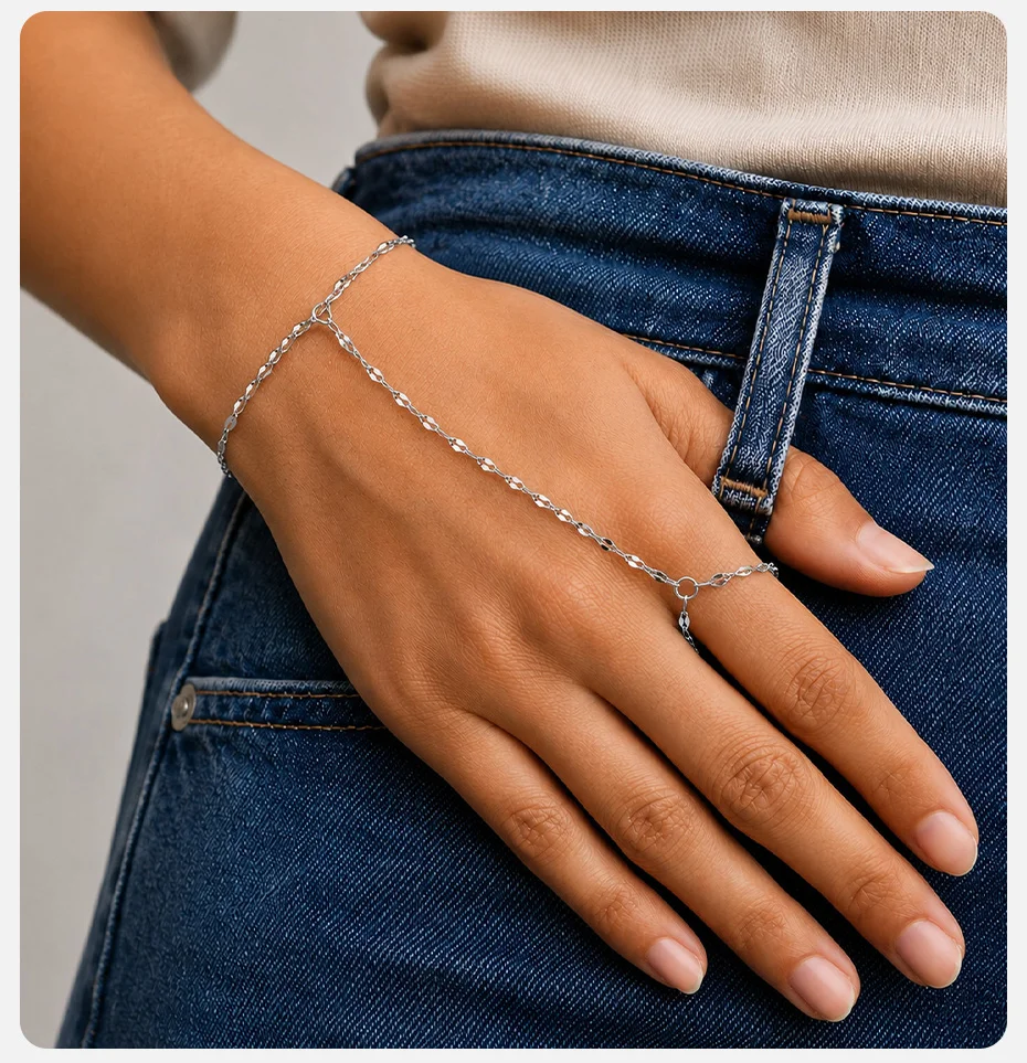 Vnox Minimalistischer Fingerring-Armband für Frauen, Edelstahl-Lippen-Handkette, Doppelschicht-Armband, Alltags- und Party-Schmuck – Detail 3