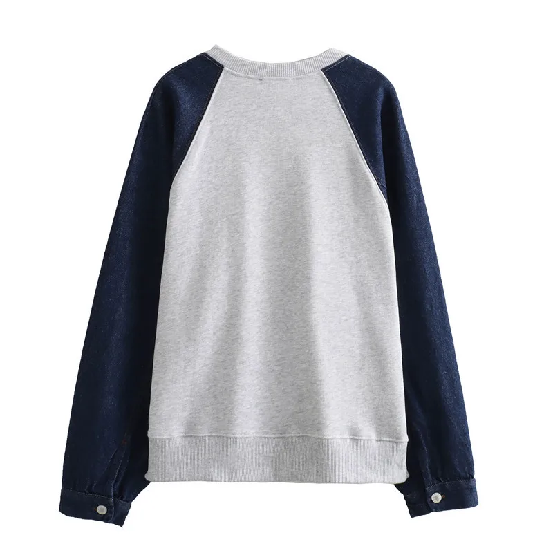 

Casual Patch Denim Sweatshirt Trousers Suit Women's O-neck Contrasting Top High Waist Trousers Women Suit 2025 Women Streetwear
