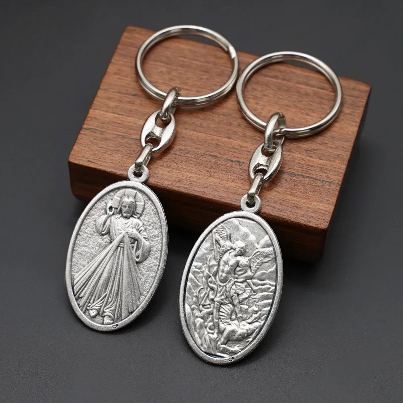 Venerare Catholic Saint Key Chain Divine Mercy and St.Michae Silver Ox Key Ring