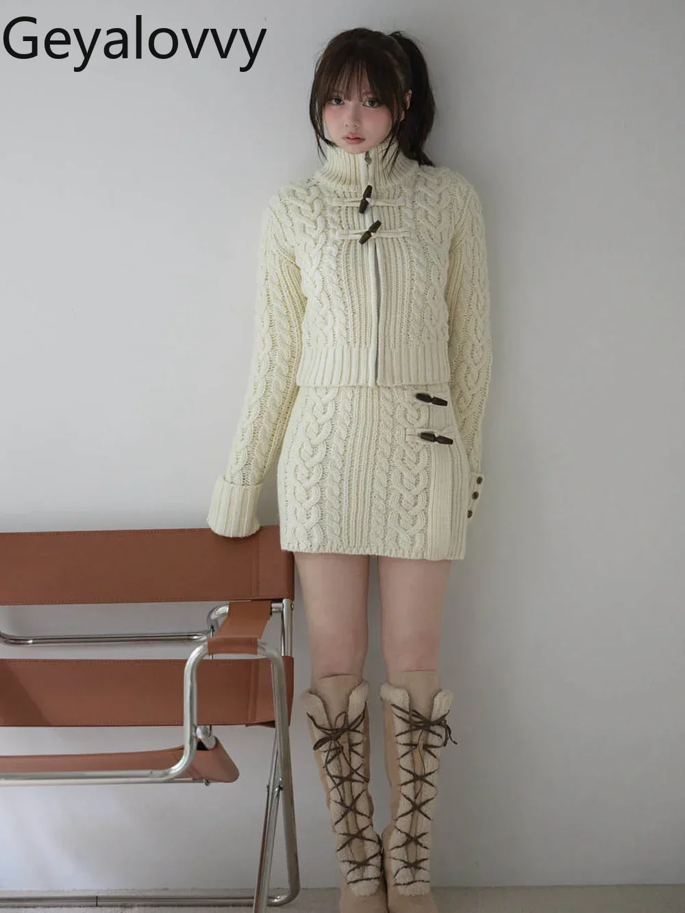 

Вязаный комплект, осень-зима, новый продукт, водолазка, свитер, пальто + юбка трапециевидной формы, костюм для женщин, женские комплекты из двух предметов в японском стиле