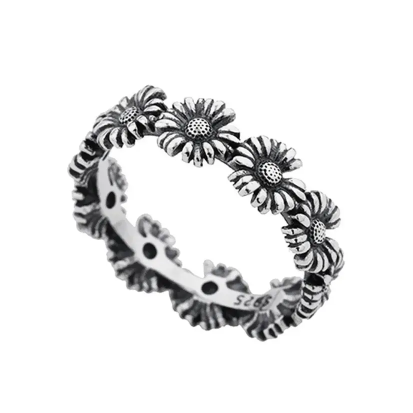

Винтажное серебряное открытое кольцо с подсолнухом, изысканное кольцо с цветком и растением, юбилейное кольцо для вечеринки, унисекс, художественные декоративные украшения