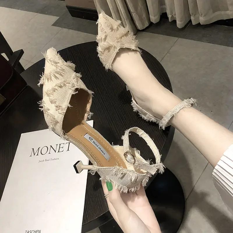 One Word Ladies Shoes With Medium Heels Buckles Footwear Pointed Toe Thin Summer 2024 Sexy Sandals for Women H on Offer Daily F