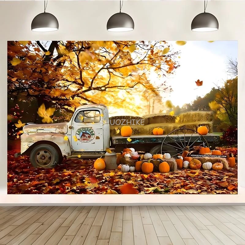 

Halloween Day Autumnal Pumpkins Photography Backdrops Props Maple Leaf Scarecrow Farm Harvest Thanksgiving Background RR-11