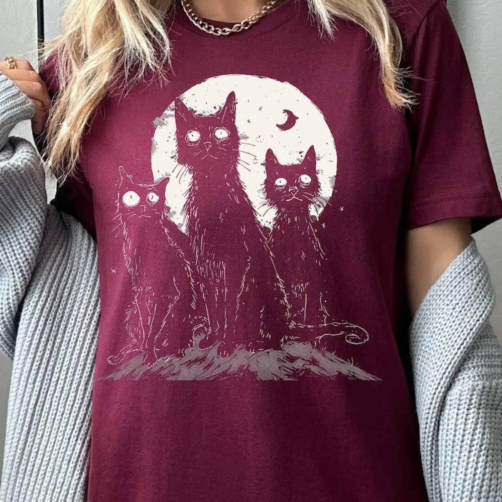 Creepy Cat Moon T-Shirt Gothic Halloween Graphic Tee Roupas Feminina Unique Gift for Cat Lovers Women Fashion Casual Tee Tops