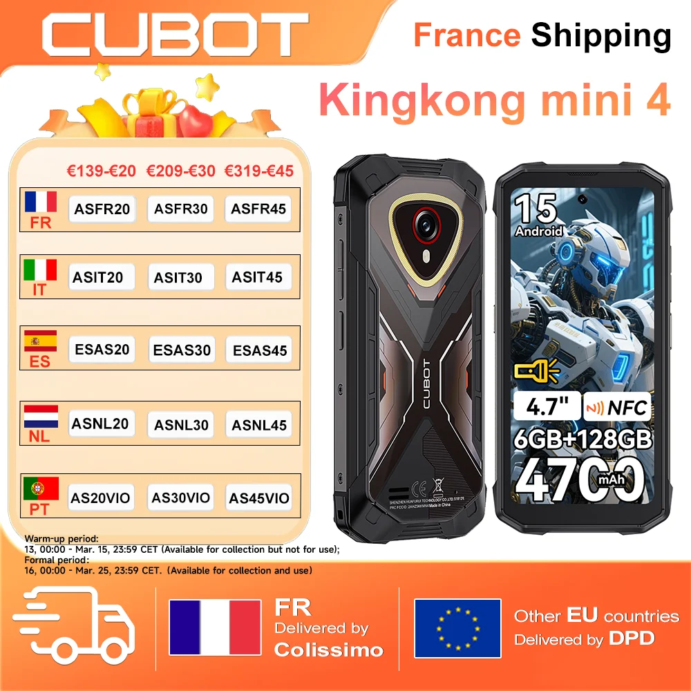 Cubot KingKong MINI 4 6GB+128GB, 4,7" Mini Téléphone Portable, 4700mAh, Petit Smartphone, Android 15, NFC, 48MP, Lampe de Camping
