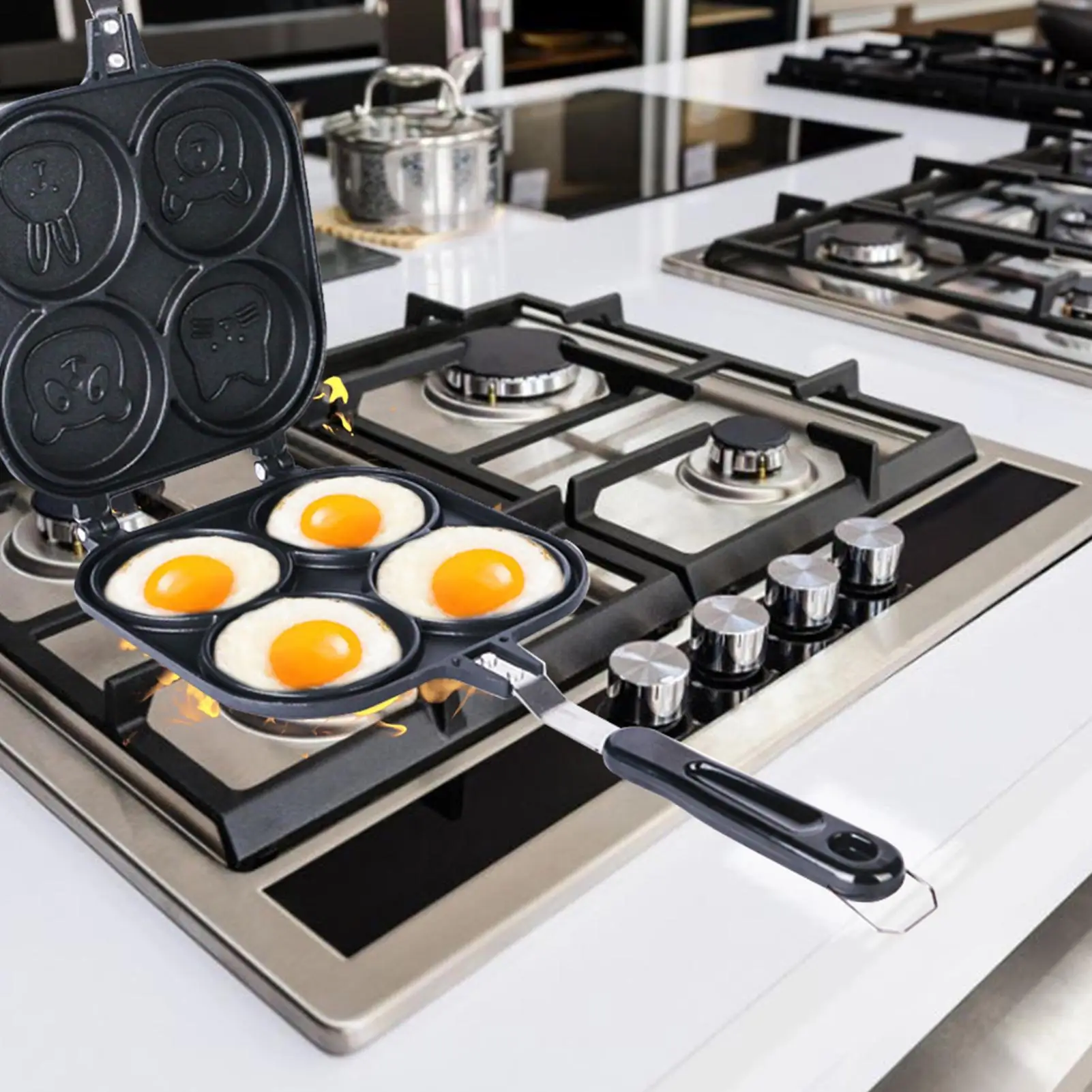 Egg Frying Pan | Double-sided 4 Cup Pan With Lid | Griddle Pan Pancake Pan Nonstick Animal Pancake M