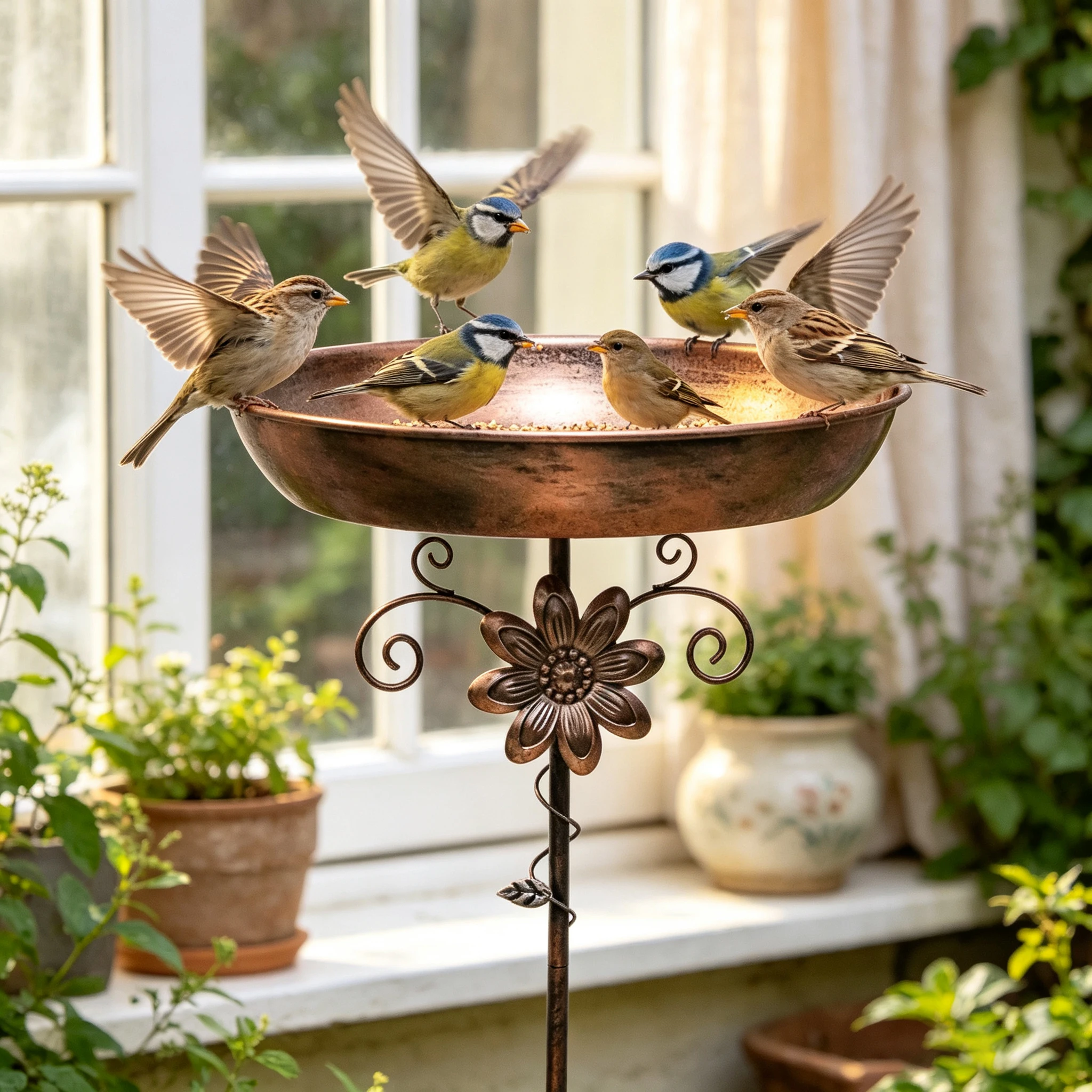 Vintage Copper Iron Bird Bath Feeder 2 in 1, Rustproof Garden Decor with Anti-Slip Stake