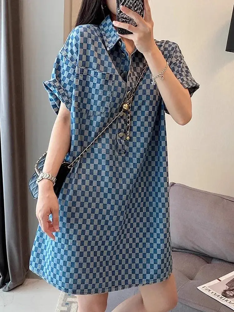 

Женское повседневное платье-рубашка больших размеров, летнее, свободного кроя, в клетку, с коротким рукавом, с завышенной талией, А-силуэт, в корейском стиле