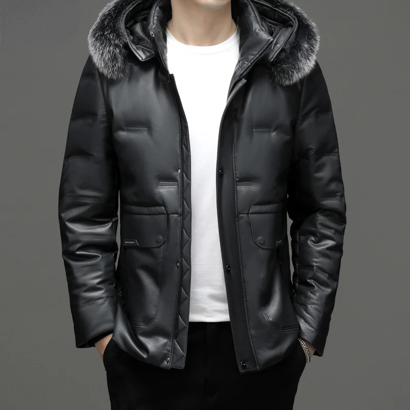 

Hooded Genuine Leather Jacket for Men Loose Casual White Duck Down Jackets Winter Thickened Men's Coats Jaqueta De Couro