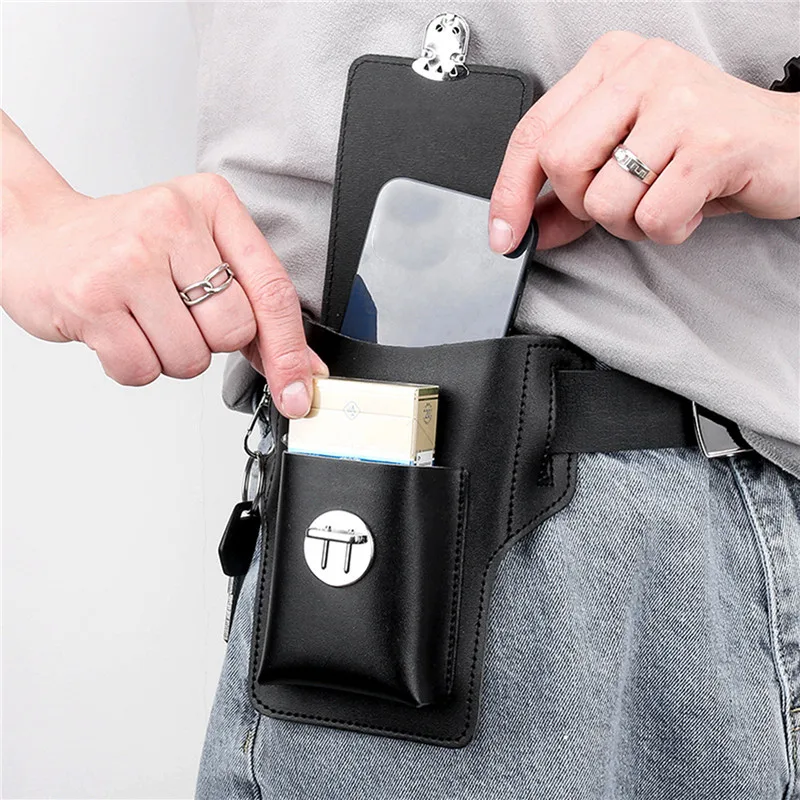 Men Belt Cellphone Loop Holster Case Waist Bag Male PU Leather Purse Phone Wallet Vintage Belt Mobile Phone Protective Sheath