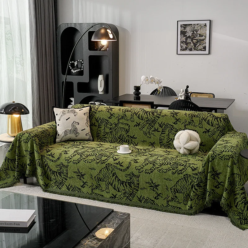 Green Chenille Slipcover Retro Tiger Animal Anti Cat Scratch Furniture Protector Bedspread Couch Towel Full Cover Blanket 3 Set