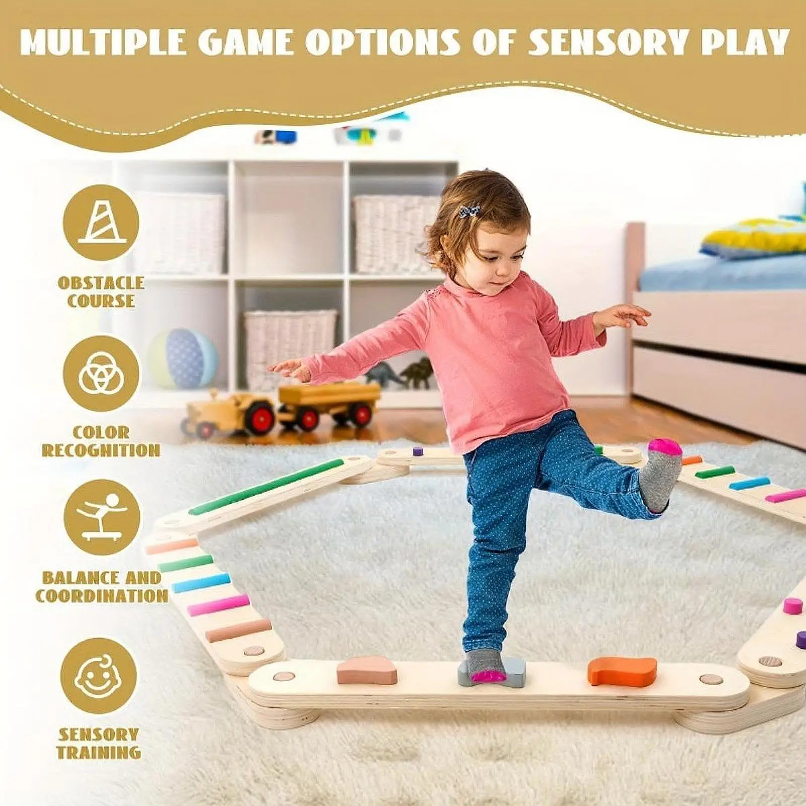 

Wooden Balance Beam,Indoor Outdoor,Gymnastics Obstacle Course Toys Coordination Montessori Balance Toy for Boys Girls Kids