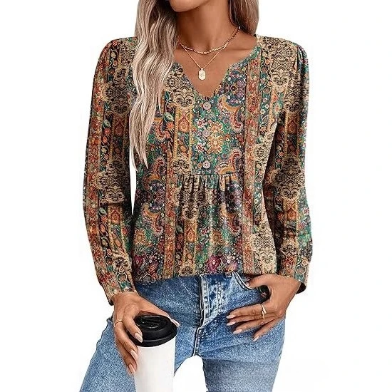 

Y2K fashion blouse new autumn V-neck printed flower knitted button-up top casual loose long-sleeved temperament top
