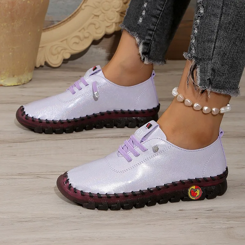 2024 New Flat Sneakers for Women Comfortable Lace Up Non-slip Round Toe Faux Leather Casual Walking Shoes Flat Shoes Size 44 45