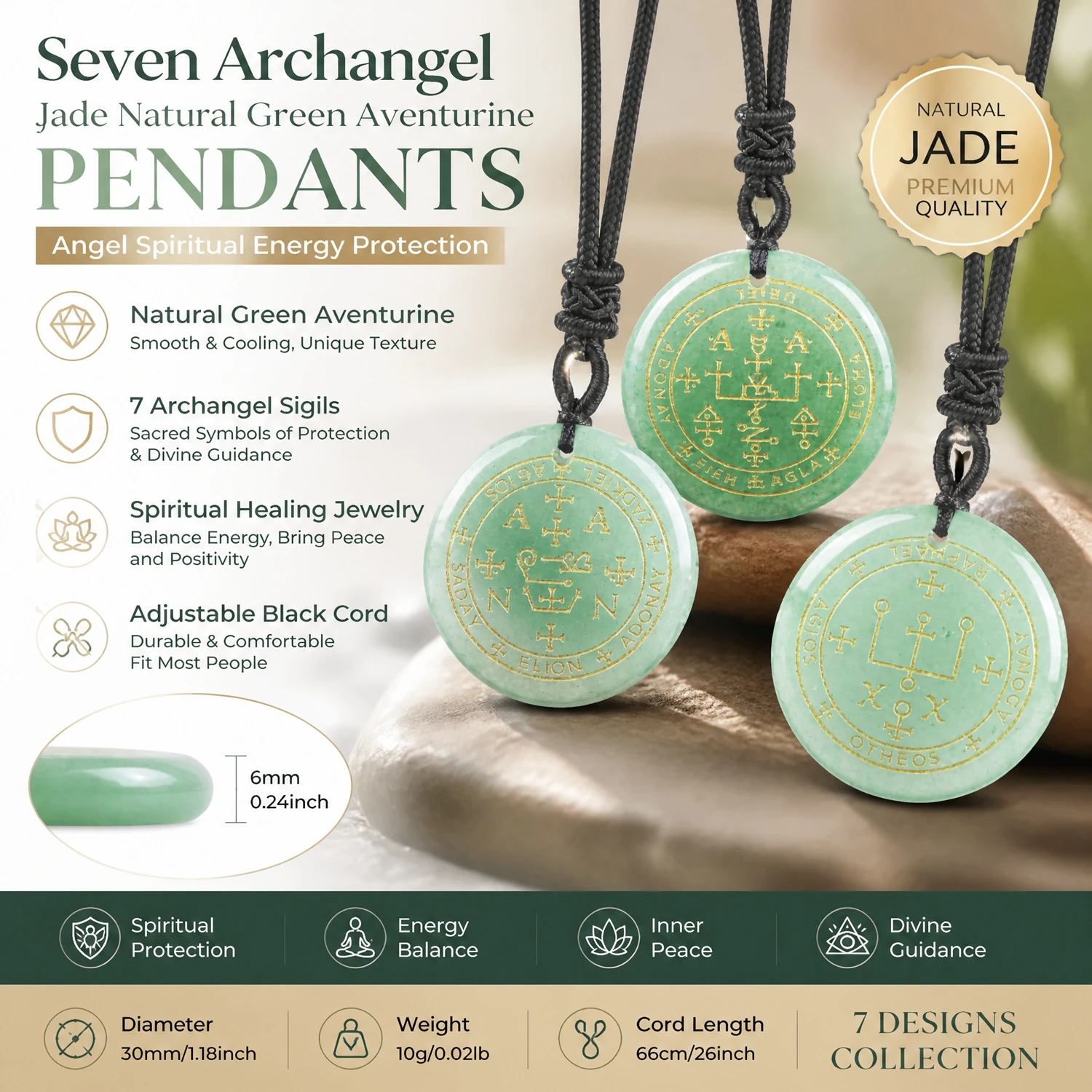 Pendentifs en Jade d'aventurine verte naturelle, sept archanges, ange, Protection énergétique spirituelle, amulette, symbole, bijoux de guérison, colliers