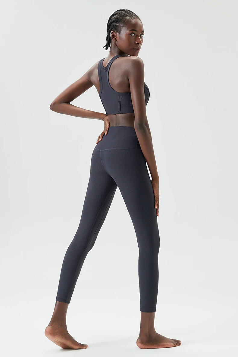 High Impact Gym Anzug Frauen Gerippter Stoff Zwei Stücke Fitness Yoga Set Slim Fit Dehnbare Laufsport Workout Kleidung – Detail 19