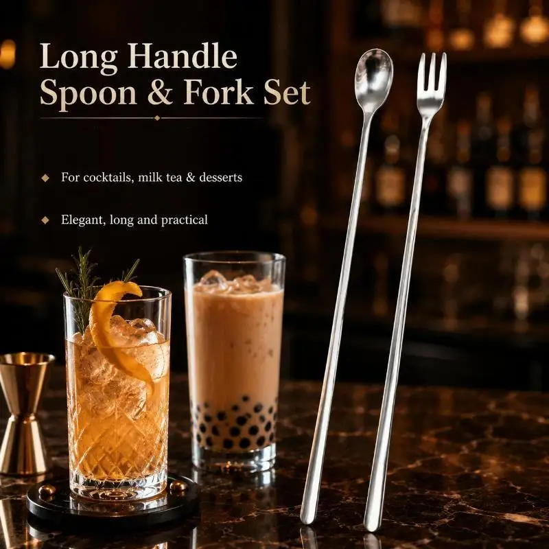1/2Pcs Long Handle Coffee Spoon Fruit Fork Set Eco-friendly Stainless Steel Cutlery for Home Restaurant Dessert Use