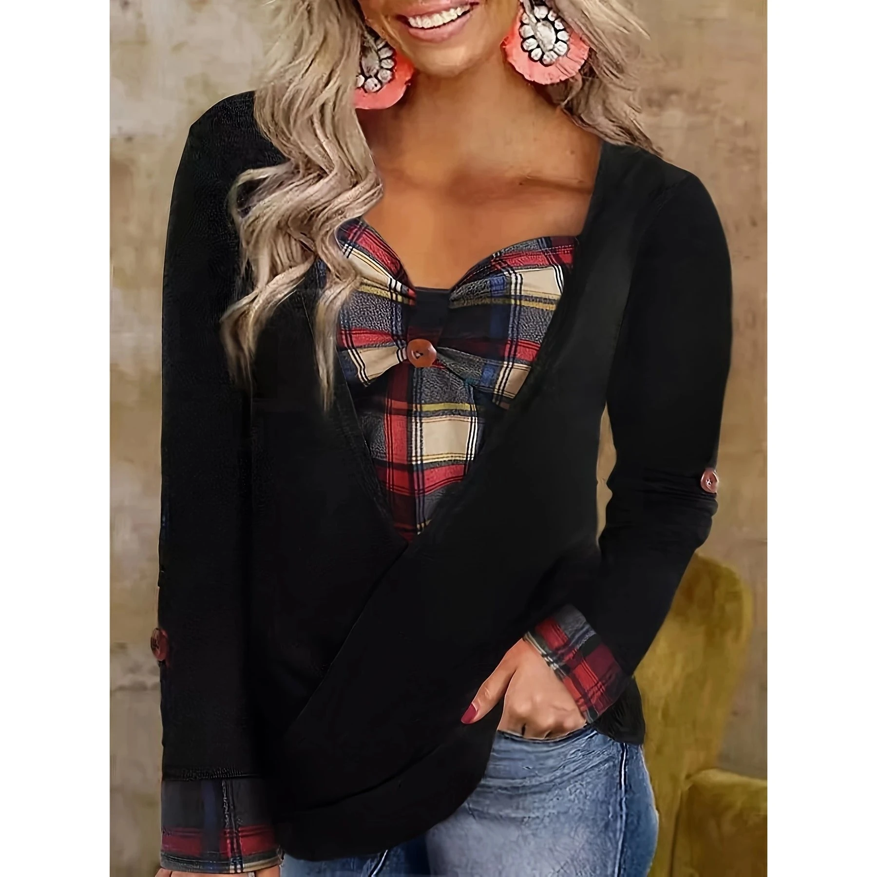 

Women's Long Sve T-irt Cheered Color Blo New Arrival Cross-Border Loose Fit Polyester Spring 2024 Simple Sle ex