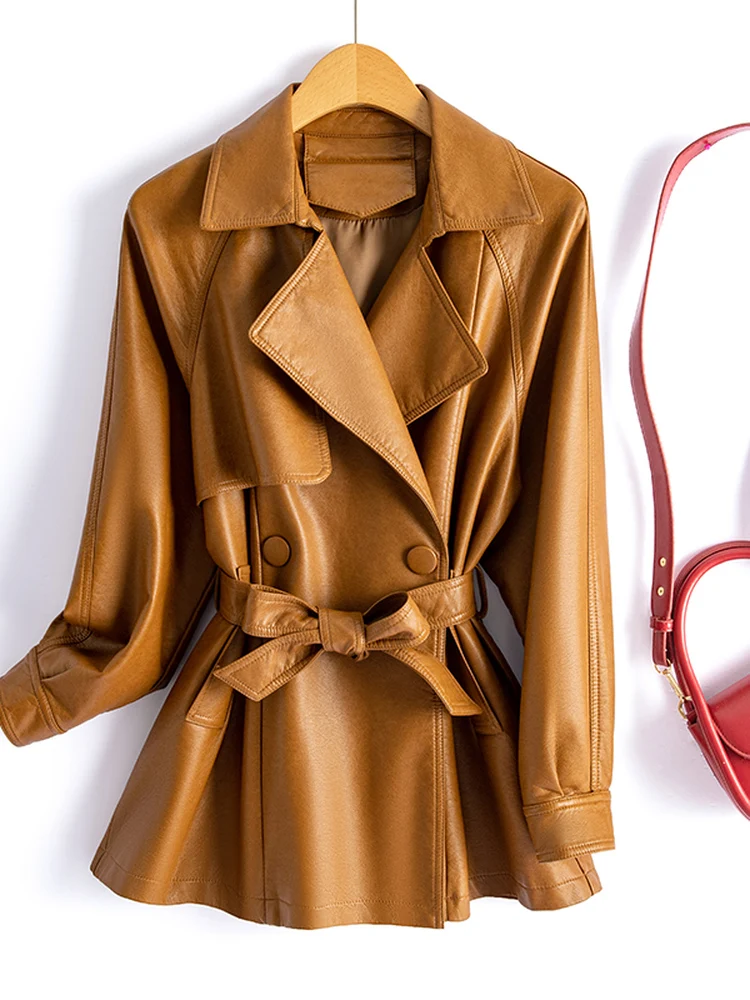 

Женская кожаная куртка из натуральной овчины с поясом, новая корейская модель, весенне-осенняя модная байкерская куртка из Хайнина