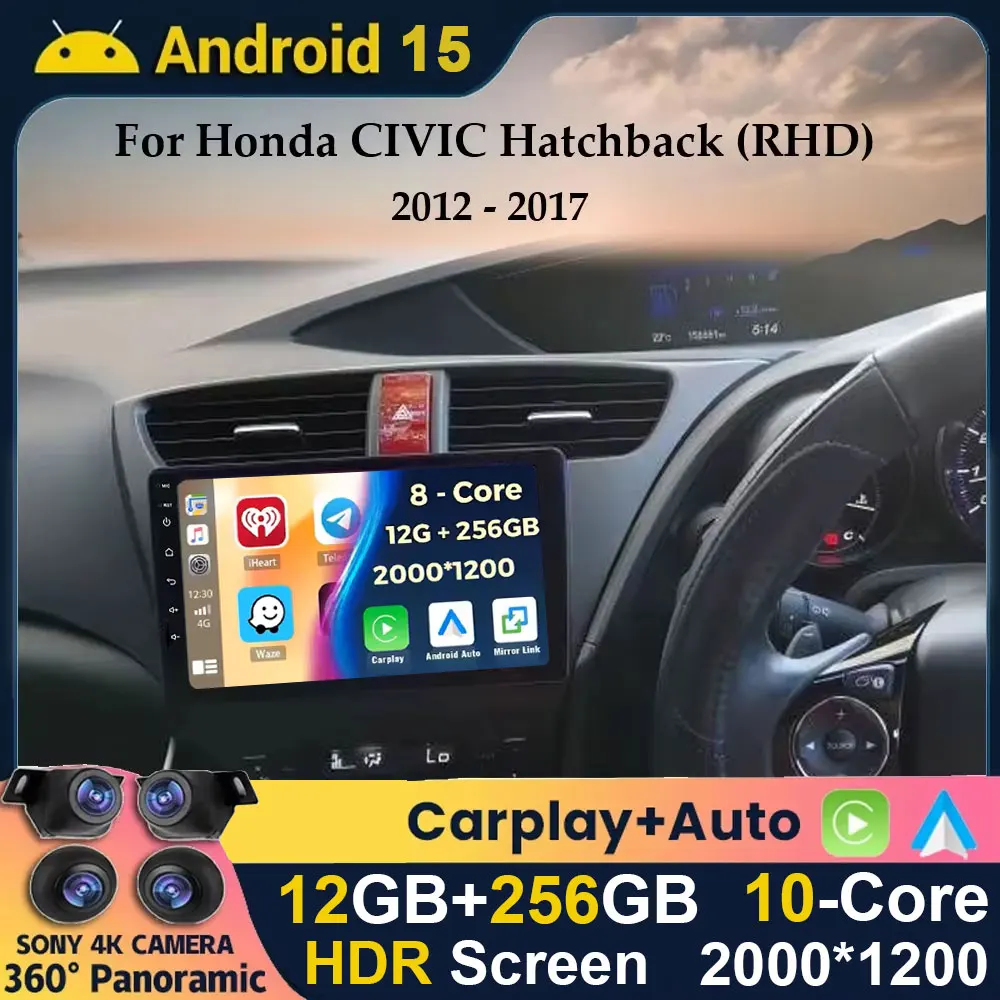 Android 15 inalámbrico Carplay + Auto para Honda Civic 9 FK FB 2012 - 2017 RHD Radio de coche estéreo Multimedia GPS Navi Player 5G WIFI