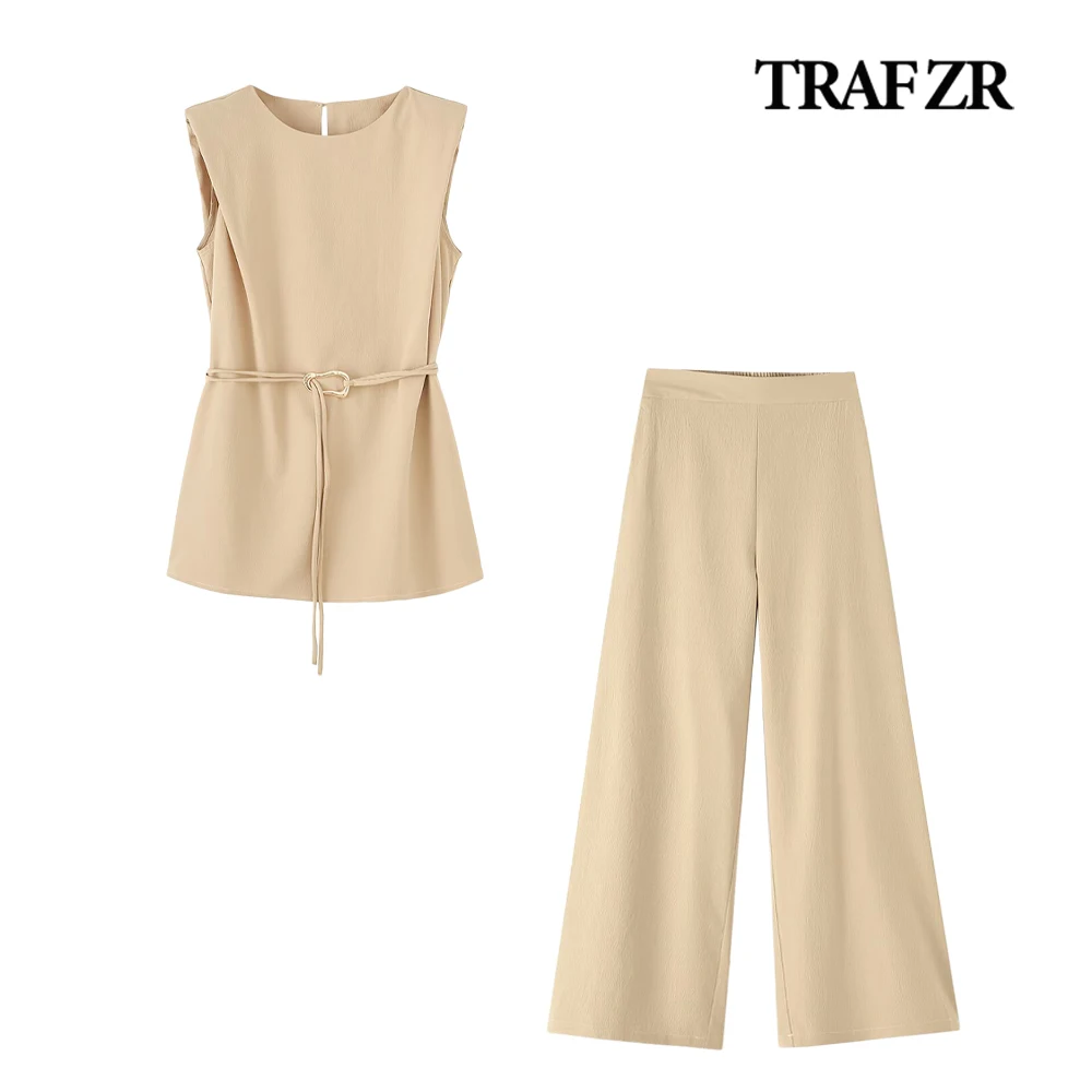 TRAF ZR Socialite Femme Ensemble 2piece Trouters Suit Women's Autumn Trouser Sets O-neck X-long Belted Tops + High Waist Pants