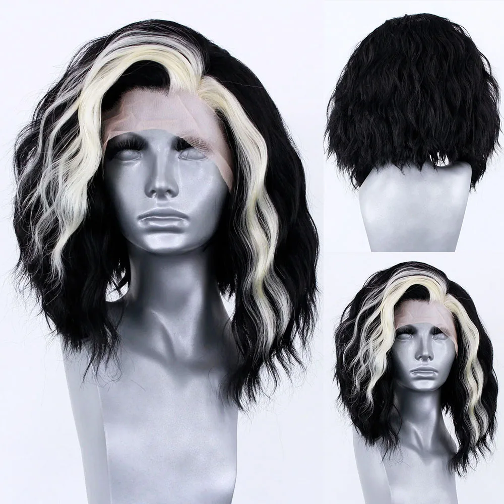 Synthetic Lace Front Black Wigs 14 Inch Natural Hairline Synthetic Short Wave Ombre Blonde Wig PrePlucked Cosplay Woman Wigs