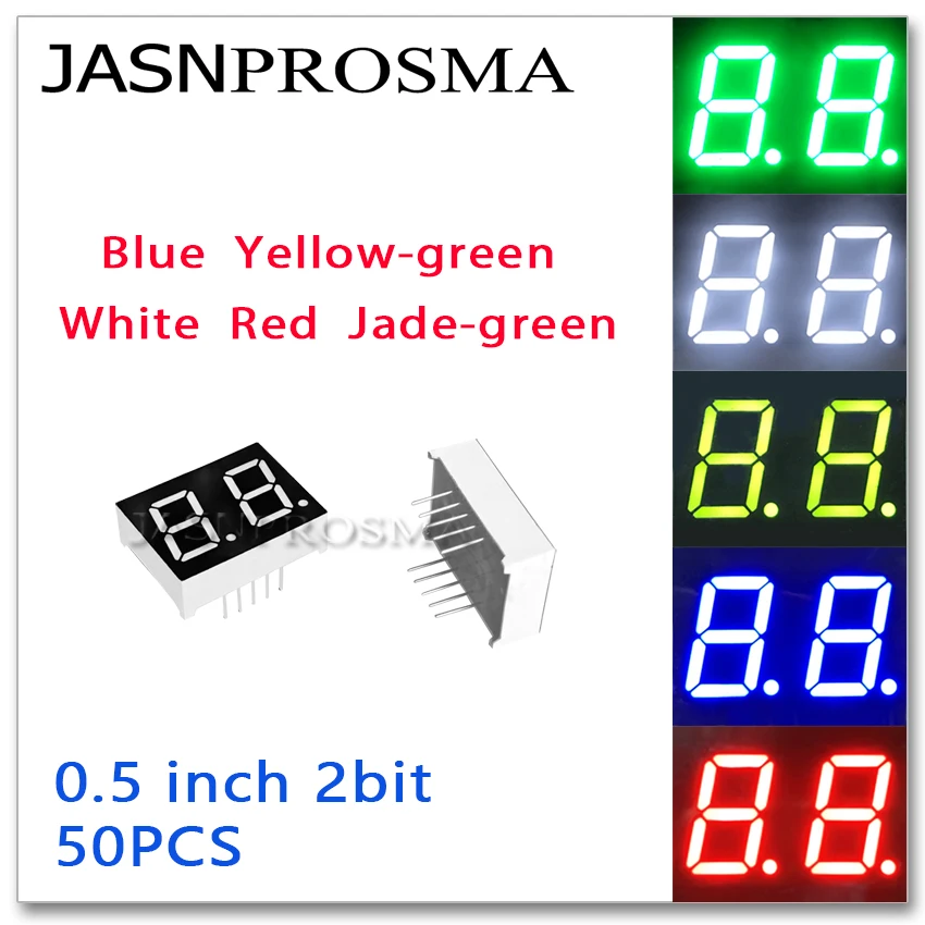 JASNPROSMA – Tube à 2 chiffres de 0.5 pouces, 50 pièces, rouge, bleu, blanc, jade, jaune, vert, Anode à Cathode commune, affichage LED à 7 segments, 0.5 pouces