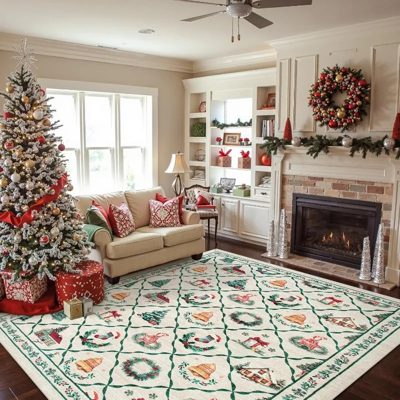 

Christmas Style Living Room Carpet Christmas Tree Gift Print Bedroom Rug Machine Washable Holiday Decoration Coffee Table Mat 러그