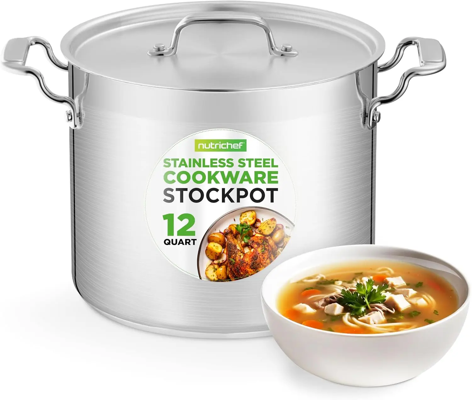 12-Quart Stainless Steel Stockpot - 18/8 Food Grade Heavy Duty Large Stock Pot for Stew, Simmering, Soup, Includes Lid