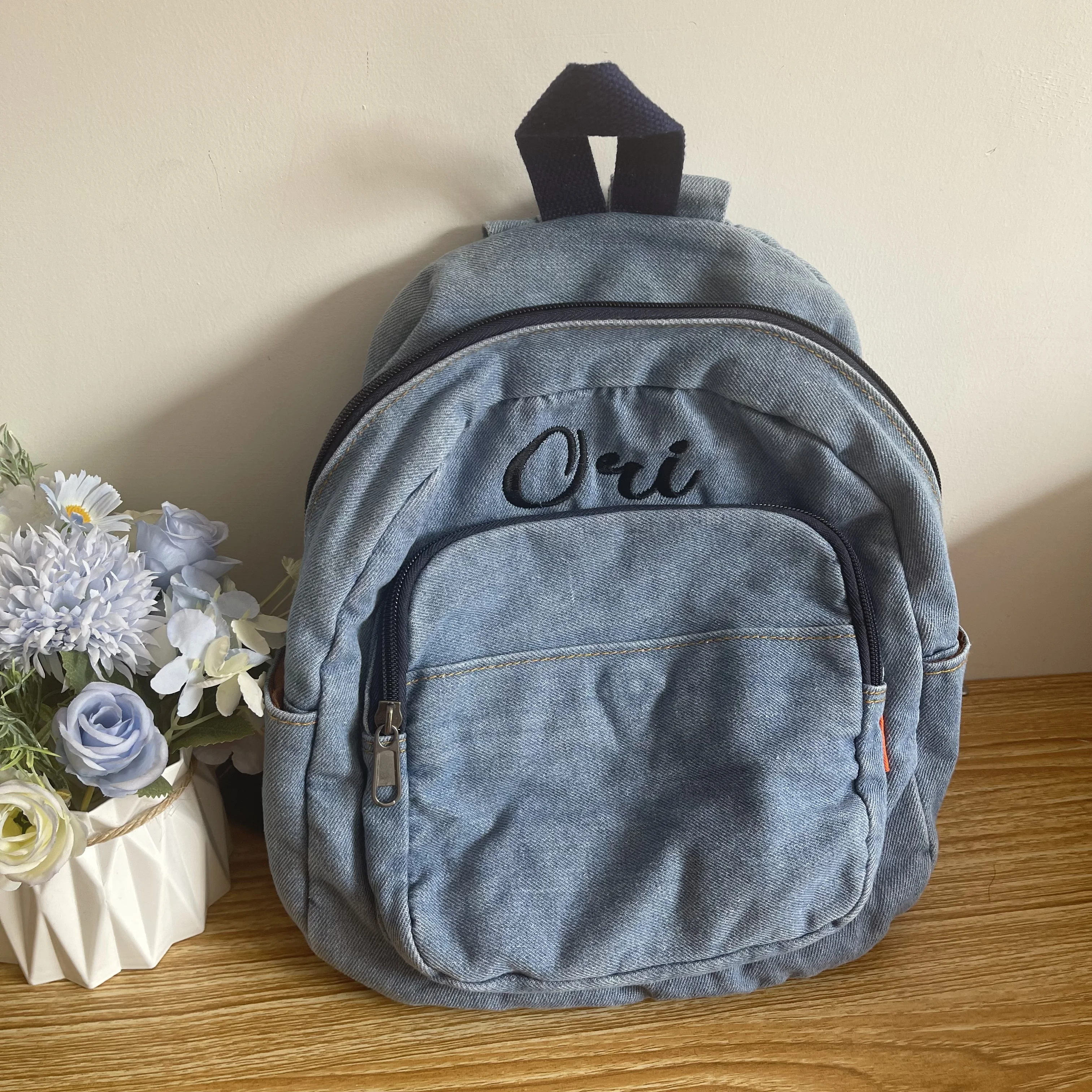 Women Denim Backpack Custom Embroidered Name Student Outgoing Shoulder Bag Personalized Simple Denim Small Backpacks Unique Gift