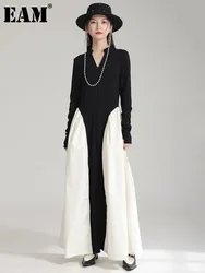 [EAM] Women Black Color-block Pocket Elegant Floor-Length Dress New V-Neck Long Sleeve Fashion Tide Spring Autumn 2024 1DH4922