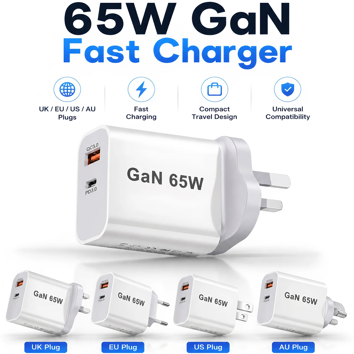 65W Fast Charger USB Type C Fast Charging Quick Charge 3.0 Adapter For iPhone Xiaomi Samsung Oneplus Pixel Cellphones