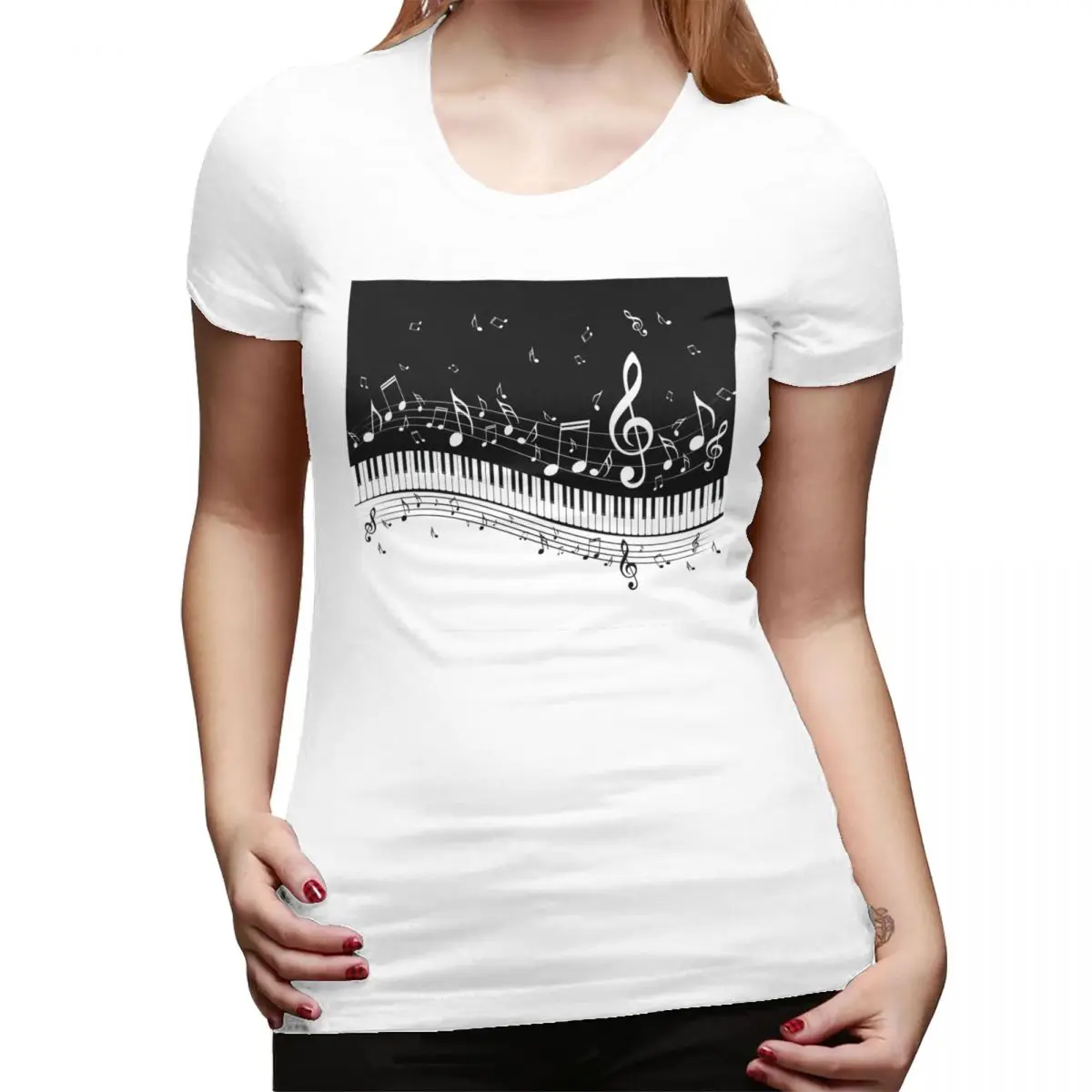 

Abstract Piano Keys With Musical Notes T-Shirt for Women Round Neck Streetwear T Shirts Women's Tees Short Summer Clothes Tops