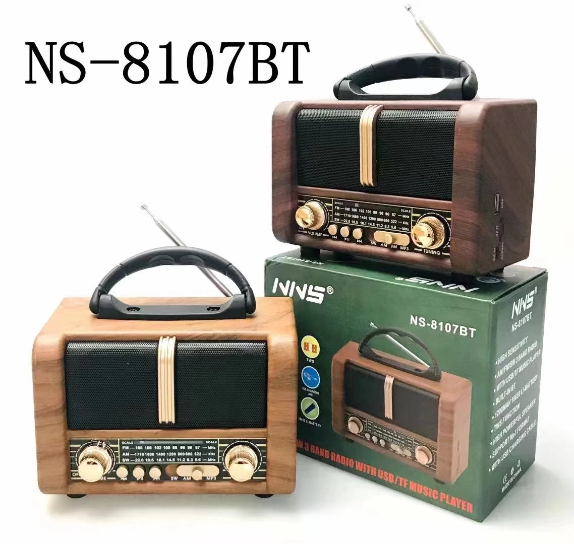 NS-8107BT NNS วิทยุย้อนยุคสไตล์วินเทจคลาสสิก FM AM SW 3แบนด์แบบชาร์จไฟได้พร้อม USB SD TF เครื่องเล่น Mp3วิทยุไม้