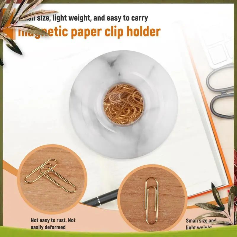 New-Gold Paper Clips In Elegant Magnetic Marble White Clip Holder, 28Mm, 100 Clips Per Box