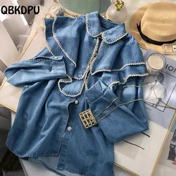 French Style Doll Collar Denim Blouses Women Vintage Loose Pearl Design Jean Shirts Spring Tops Long Sleeve Cute Blusas Mujer