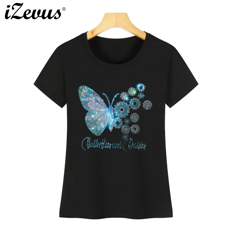 New shiny drill figure butterfly flower T-shirt ladies summer casual bottoming T-shirt high quality cotton fabrics