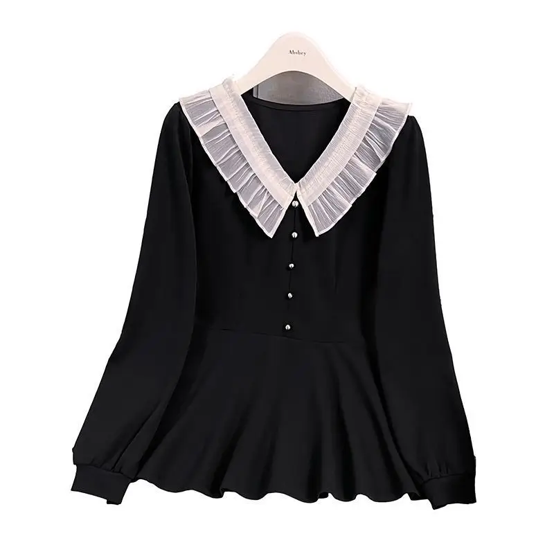 French Ruffled Black V-neck Shirt for Women in Early Spring with a Slim Waist and a Delicate Floral Style Doll Shirt