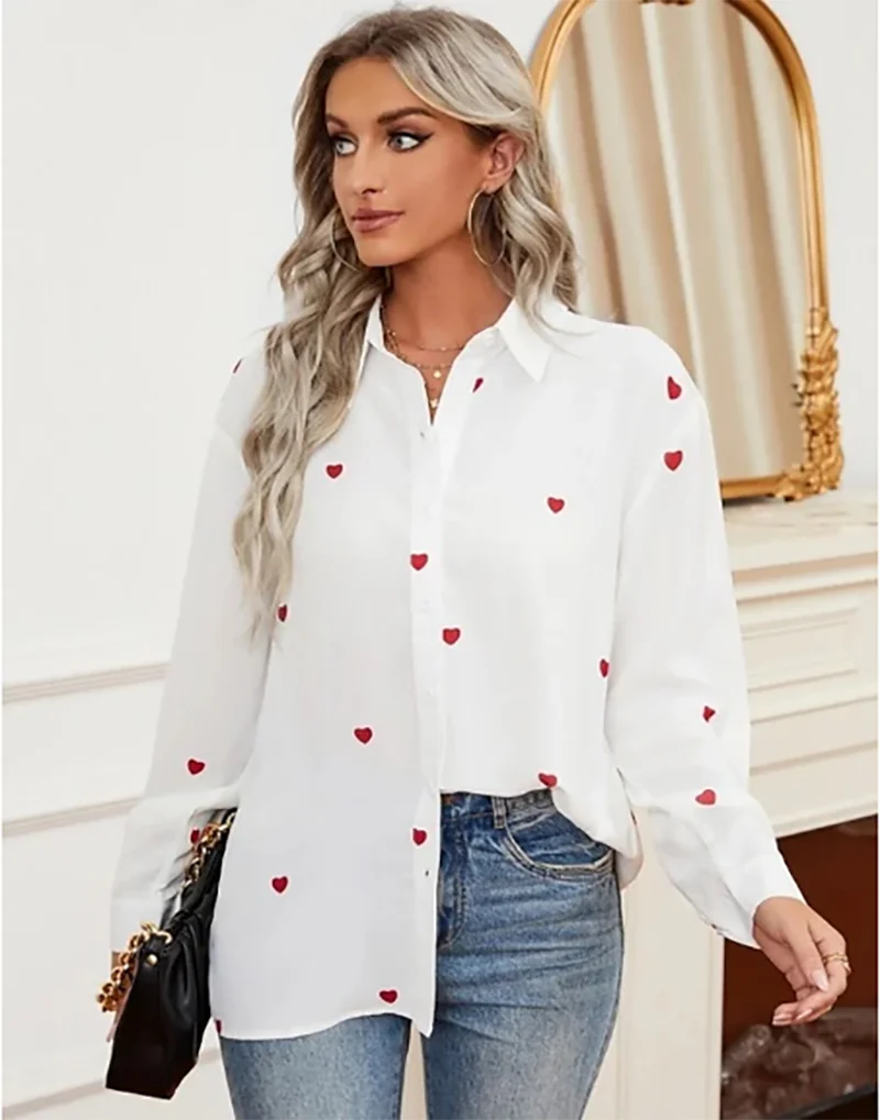 French Heart 3D Printed Top Casual Fashion V Neck Button Shirt Outdoor Street Sexy Flower Shirt Heart Long Sleeve