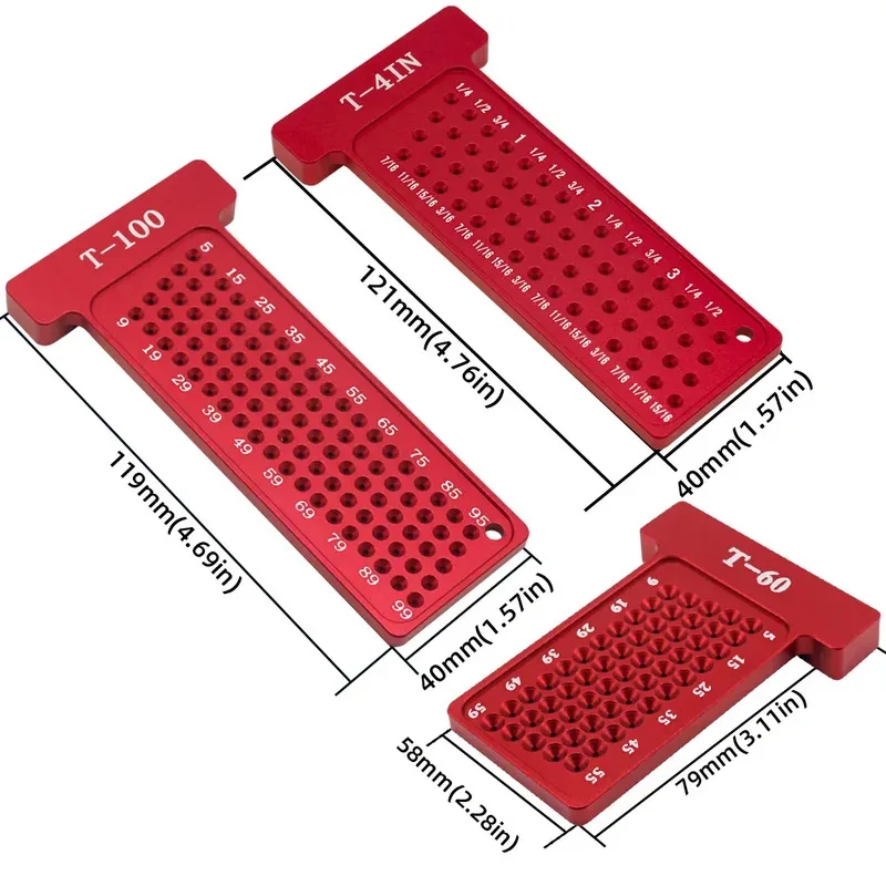 ツール アルミ合金 木工用マーキング定規 ポジショナー メトリック/英国式 T型 ポータブル レイアウト測定ツール 穴ゲージ付き